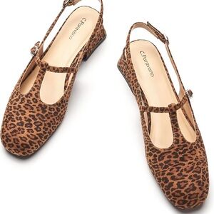 C. Paravano Square Toe  Slingback Flats Leopard Print  Mary Jane Sz#EU38.5  US#8